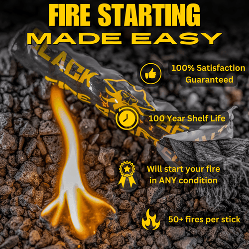 Pirates Plunder Fire Starter Kit by Black Beard, a burning fire rope on dark rocks, emergency fire starter