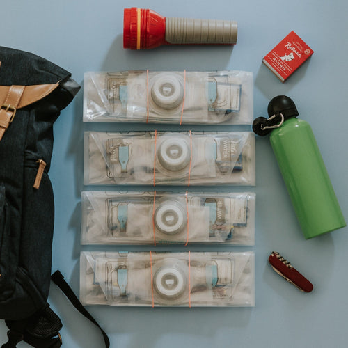 Puribag Bug out pack 4-Pack water purifiers with backpack, flashlight, matches, green bottle, Swiss knife