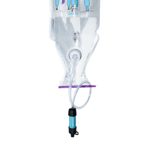 Puribag Pro System gravity water filter with clear bag, hose, blue inline filter, and purple clip