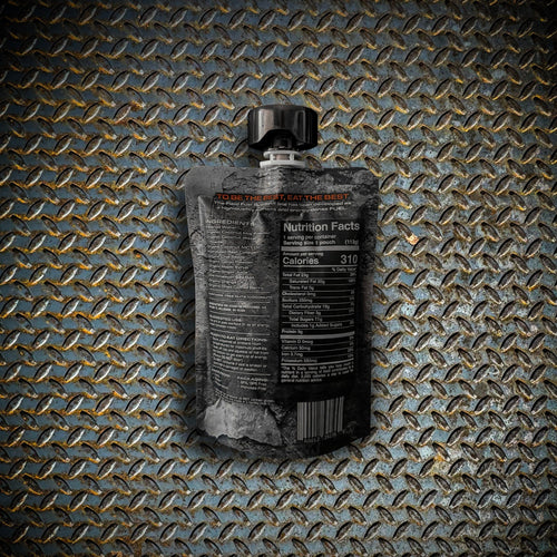 Essential Provisions Sustain Energy Blend survival food pouch with nutrition facts on diamond plate