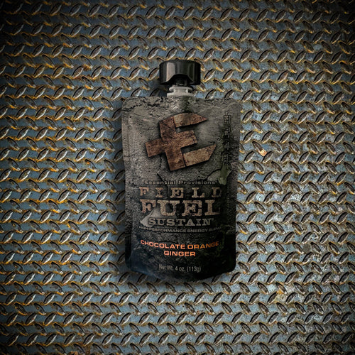 Essential Provisions Sustain energy blend variety pack example pouch, Chocolate Orange Ginger, on diamond plate