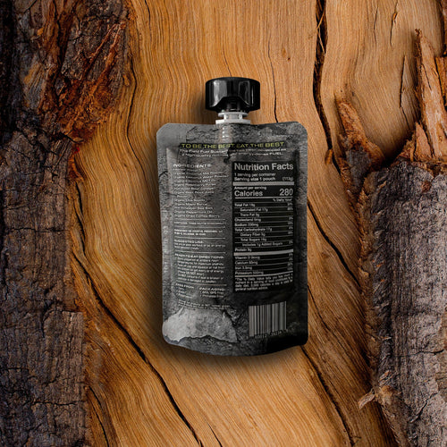 Essential Provisions Sustain RASPBERRY MINT energy fuel pouch with nutrition facts on natural wood