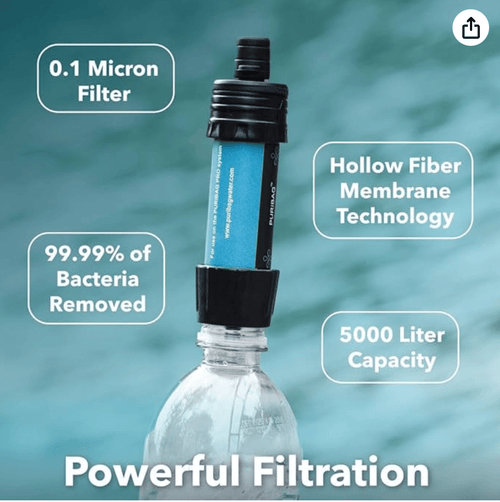 Puribag Micro - Mini membrane water filter on a bottle, showing 0.1 micron filter, 99.99% bacteria removed, 5000L capacity