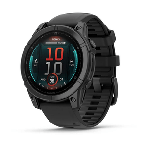 Garmin fēnix 8 rugged GPS smartwatch with black bezel, dark screen showing 10:10 time, and black silicone band