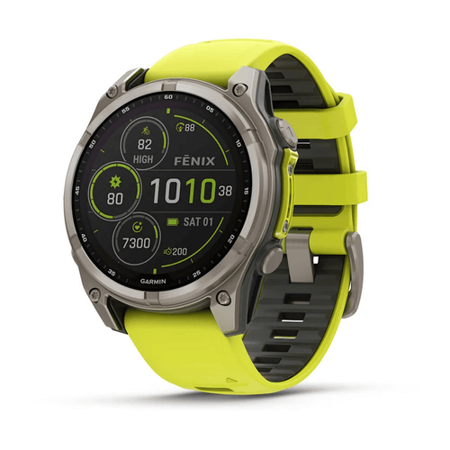 Garmin fēnix 8 GPS smartwatch with lime green band, titanium bezel, and illuminated digital display