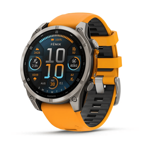 Garmin fēnix 8 GPS smartwatch with titanium gray case and vibrant orange silicone band
