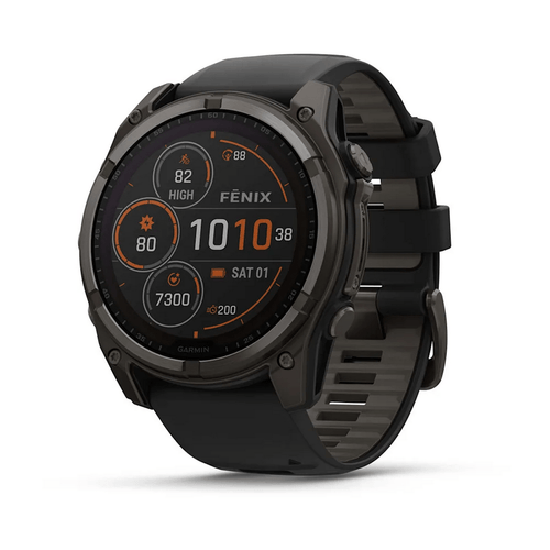 Garmin fēnix 8 rugged outdoor GPS smartwatch in black, displaying current time, date, heart rate, and steps