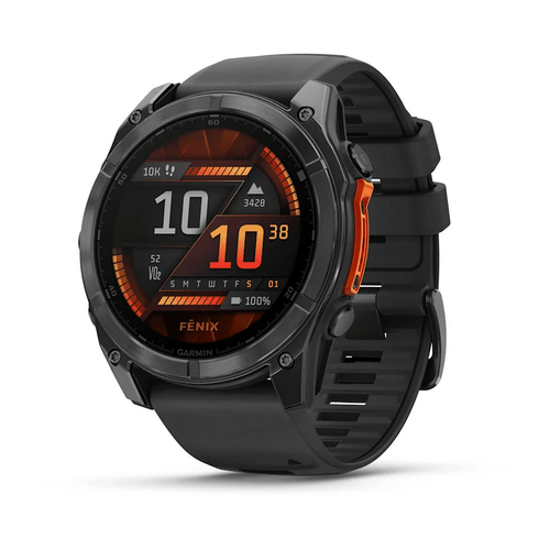 Garmin fēnix® 8 premium GPS smartwatch, black with an orange accent button and a detailed digital face
