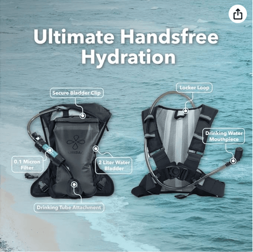 Puribag Adventure Pack: black hydration vest with 2L water bladder, 0.1 micron filter, and drinking tube against water background
