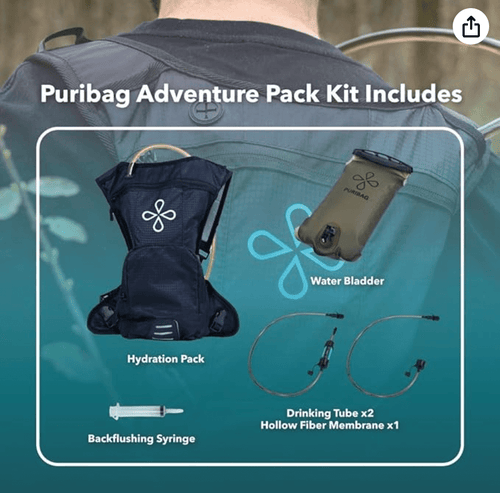 Puribag Adventure Pack: blue hydration backpack, olive 2L water bladder, tubes with hollow fiber filter, syringe