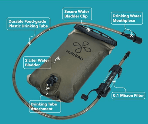 Puribag Adventure Bladder 2L hydration system with 0.1 micron water filter and drinking tube