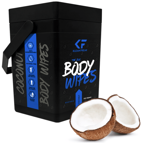 Klean Freak The Jug Body Wipes, coconut scent, with two coconut halves. 120 biodegradable, alcohol-free wipes