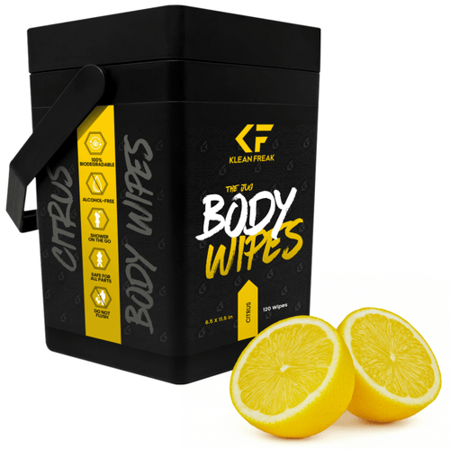 Klean Freak Body Wipes in a black jug, citrus scent, with 120 biodegradable, alcohol-free wipes and lemons