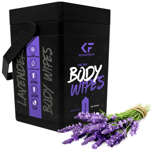 Klean Freak The Jug Body Wipes, black portable container, lavender scented, 120 biodegradable wipes