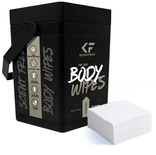 Klean Freak Body Wipes The Jug, black container with stack of large white wipes. Biodegradable, alcohol-free
