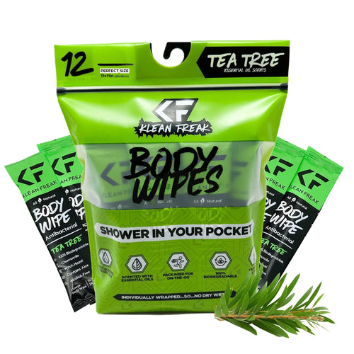 Klean Freak Body Wipes 12-pack, Tea Tree antibacterial, 11x11in individual wipes for on-the-go clean