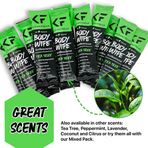 Klean Freak antibacterial tea tree body wipes, 100% biodegradable, large 11x11in, other scents available