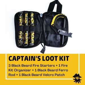 Black Beard Fire Starters Captain's Loot Kit, an open black emergency fire starter kit with 3 fire starters and ferro rod