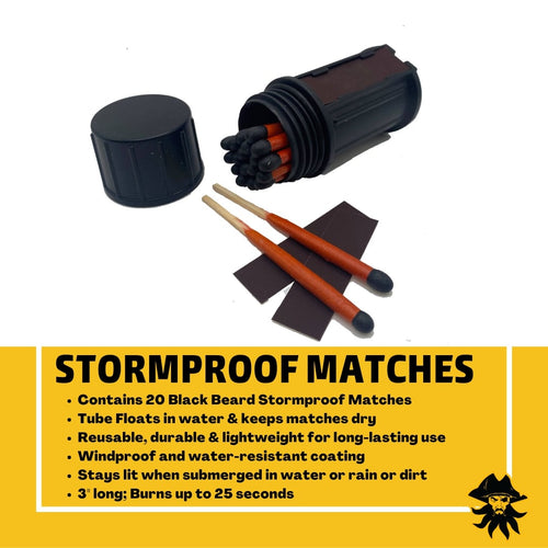 Black Beard Stormproof Matches fire starter kit: waterproof tube, 20 matches, floats, stays lit submerged