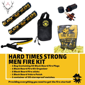 Black Beard Hard Times Strong Men emergency fire starter kit: fire plugs, ferro rods, stormproof matches, tactical pouch, striker
