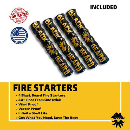 Black Beard Pirates Plunder Fire Starter Kit: 4 black windproof, waterproof emergency fire starter sticks, Made in USA
