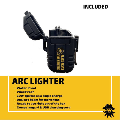Black Beard Pirates Plunder Fire Starter Kit arc lighter. Rugged black, waterproof & windproof, 300+ ignites per charge