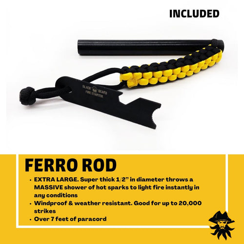 Black Beard Pirates Plunder Fire Starter Kit with an extra large ferro rod, black & yellow paracord, and striker