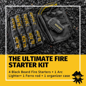 Black Beard Fire Starters Pirates Plunder kit: 4 fire starters, arc lighter, ferro rod, in a black tactical organizer case