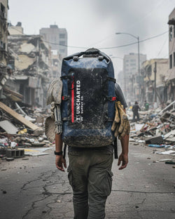 Dirty Uncharted Barron backpack with shovel & gloves on person in earthquake aftermath