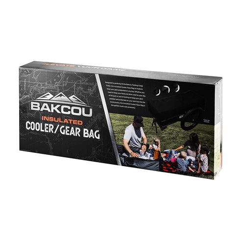 Bakcou Insulated Cooler/Gear Bag box: black cargo bag on trailer, family enjoying outdoor picnic with cooler