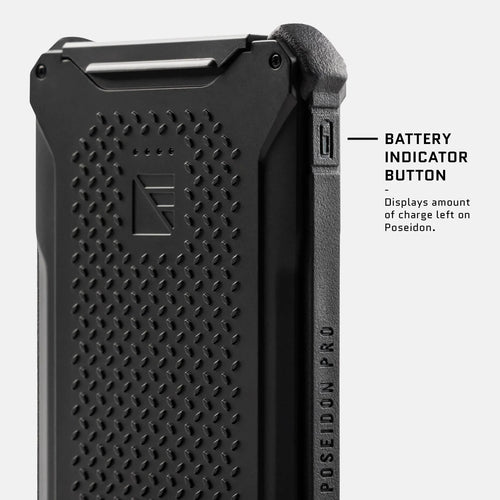 Dark Energy Poseidon Pro black rugged power bank, textured grip, visible battery indicator button