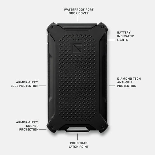 Dark Energy Poseidon Pro black rugged power bank with anti-slip diamond tech and waterproof port cover