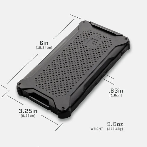 Dark Energy Poseidon Pro waterproof power bank, black and rugged, with dimensions: 6in x 3.25in