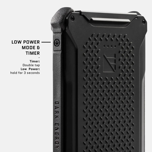Poseidon Pro power bank, side view showing low power mode button, timer instructions, Dark Energy logo