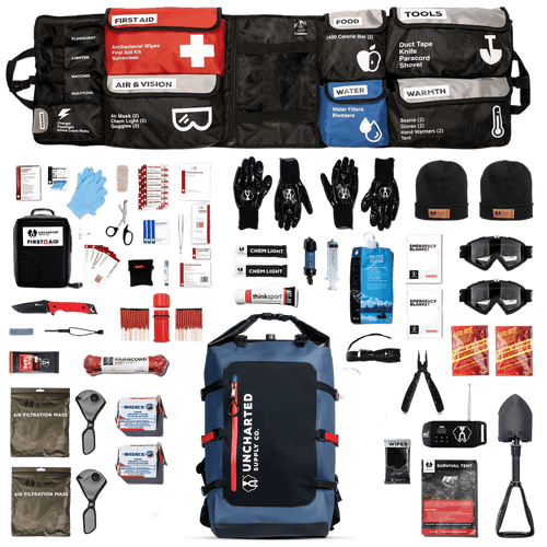 Overlay photo of seventy2.0 survival system and it's contents