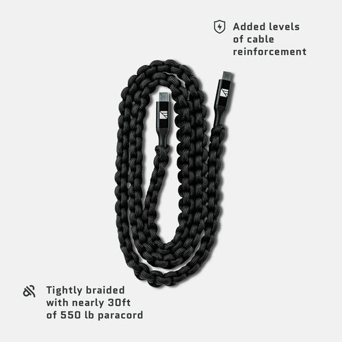 Dark Energy USB-C to USB-C Cable, black braided with 550 lb paracord for reinforcement