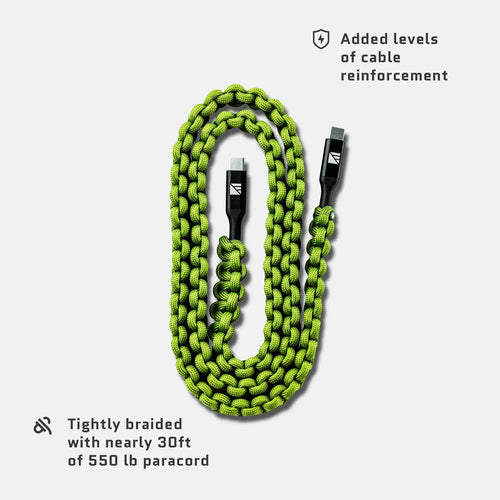 Dark Energy USB-C to USB-C Cable, coiled bright green 550 lb paracord braided, reinforced design