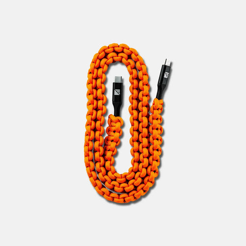 USB-C to USB-C Cable, bright orange braided paracord with black Dark Energy connectors