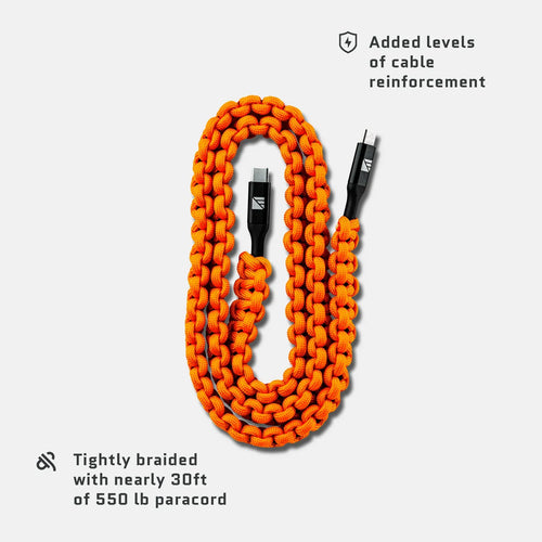 Dark Energy USB-C to USB-C cable, orange 550 lb paracord braided for extreme durability