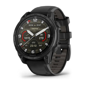 Garmin tactix® 8 tactical smartwatch with black rugged design, customizable digital face, and black silicone strap