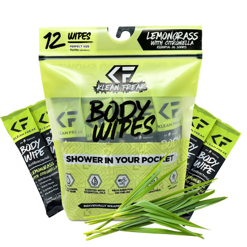 Klean Freak Body Wipes 12-pack lemongrass citronella, antibacterial, individually wrapped for travel
