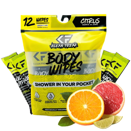 Klean Freak Body Wipes 12 pack, citrus essential oil, 11x11in, individually wrapped for a shower in your pocket