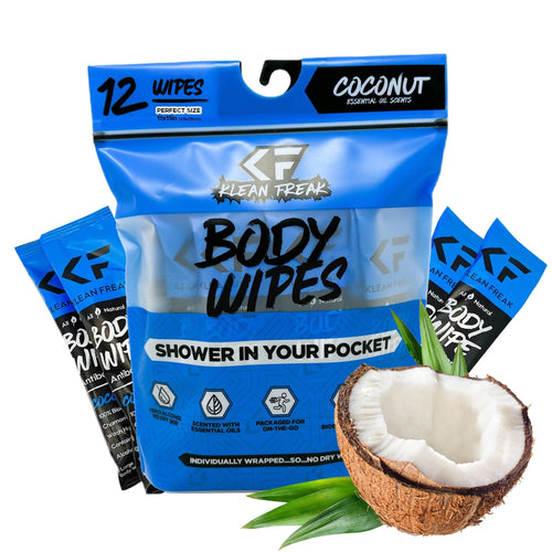 Klean Freak Body Wipes 12 pack in blue pouch with coconut, shower & travel cleansing wipes