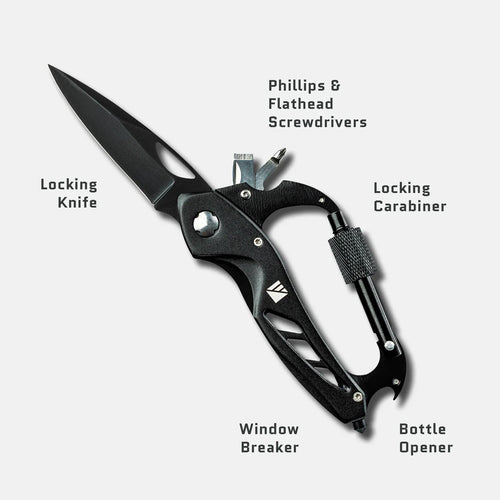Carabiner Pro multi-tool by Dark Energy: black locking knife, screwdrivers, window breaker, bottle opener, locking carabiner
