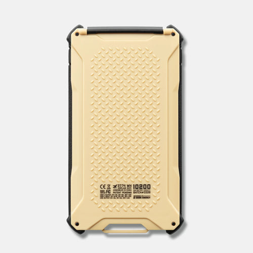 Poseidon Pro rugged power bank back with textured beige casing, black protective frame, integrated handle, and Dark Energy branding