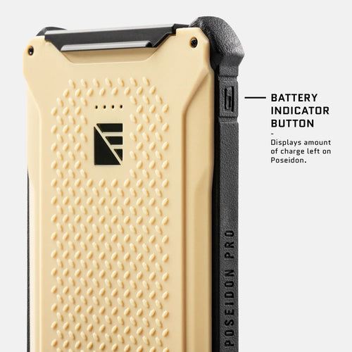 Dark Energy Poseidon Pro rugged power bank with textured beige back and side battery indicator button