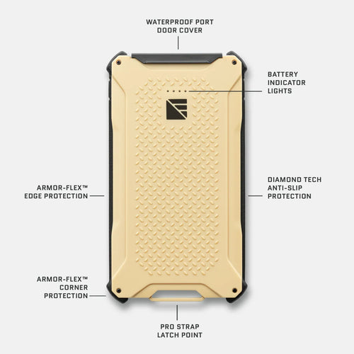 Poseidon Pro rugged power bank, tan, waterproof with anti-slip grip and protective corners by Dark Energy