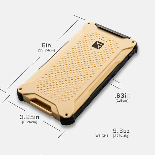 Dark Energy Poseidon Pro rugged portable charger showing dimensions 6in, 3.25in, .63in, and 9.6oz weight
