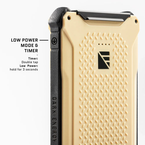 Poseidon Pro tactical power bank by Dark Energy, tan with textured casing, showing low power & timer button
