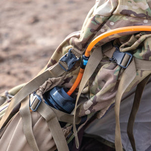 SWIG RIG - WIDE MOUTH hydration system by Hardside Hydration, orange tube in wide-mouth adapter on camo backpack